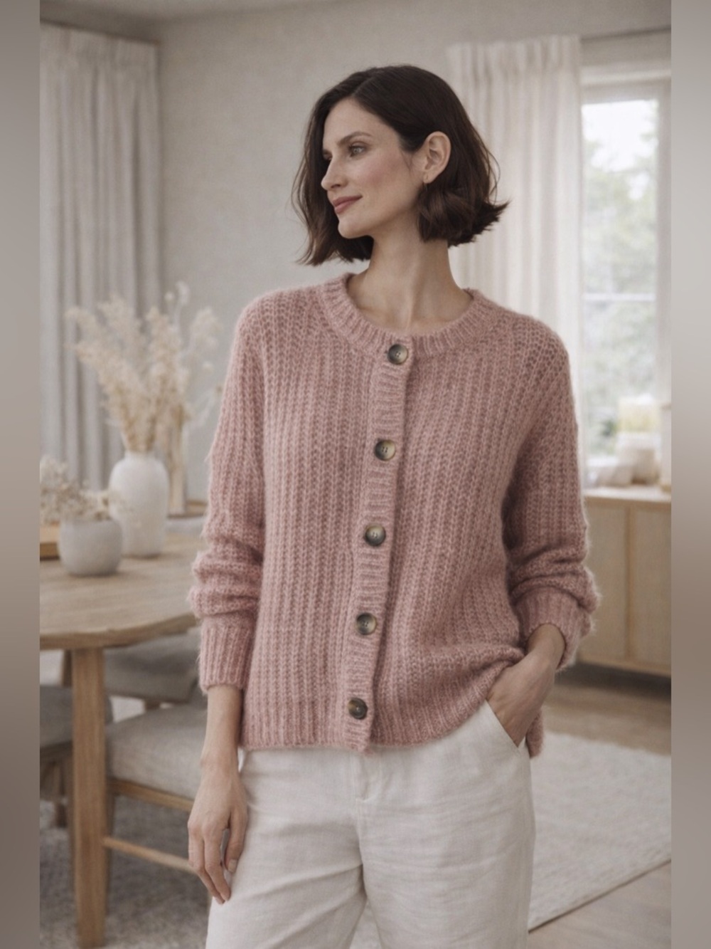 VILA Rose Pink Chunky Knit Cardigan Sz Small Button Front Cozy Textured Sweater